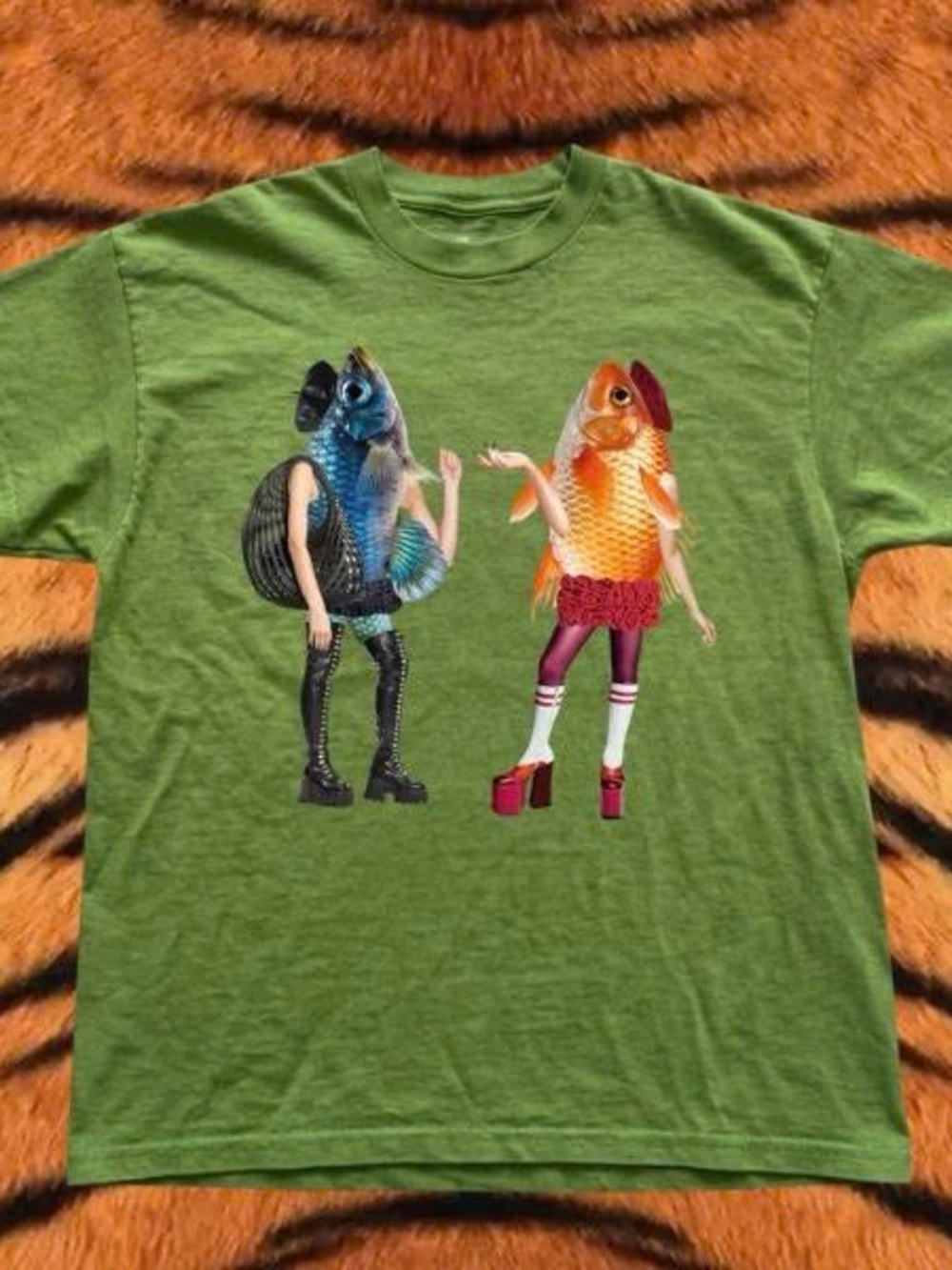 Gildan Green Tee with Colorful Funny Fish Characters